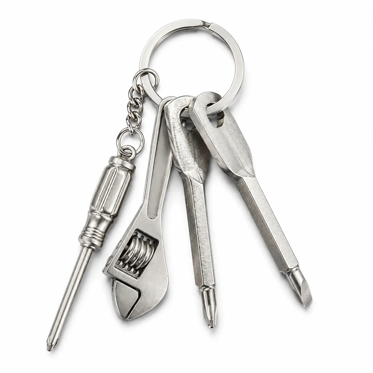 4-in-1 Mini Multi Tool Keychain, Stainless Steel Pocket EDC Tool with Adjustable Wrench, Flathead & Phillips Screwdriver Tips, Compact Portable Key Ring Tool for Home, Bike, Office, Outdoor & Daily Repairs