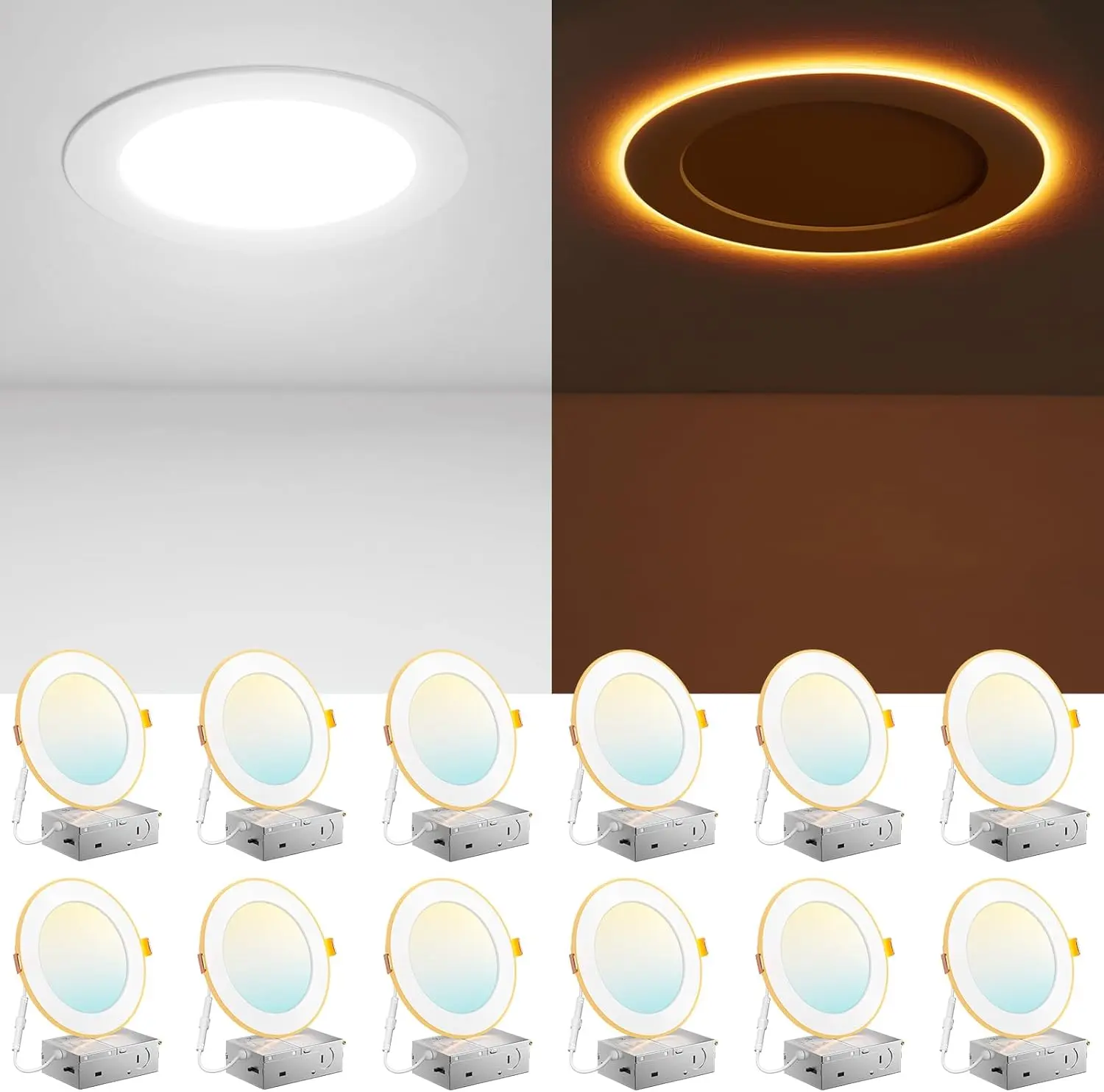 12 Pack 6 Inch 6CCT LED Recessed Ceiling Light with Night Light, 2700K/3000K/3500K/4000K/5000K Selectable Ultra-Thin Lighting, 12W=110W, 1100LM, Dimmable Canless Wafer Downlight ETL&FCC magnetic wireless ceiling light battery Bedroom lamp Garage furne tik