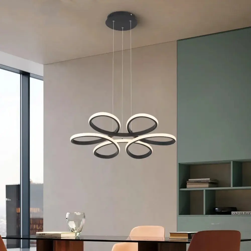 June Flower LED Modern Pendant Light, Ambient Dimmable Led, creative line design, black 30CM white/warm light intensity wired pendant light suitable for corridors, study rooms, bedrooms, dining rooms
