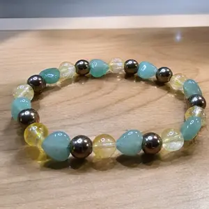 Crystal Beaded Handmade Bracelet with Green Aventurine Hearts, Pyrite and Citrine for Good Luck in Money and Career
