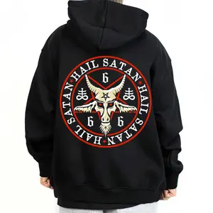 Design Unisex Hoodie Sweatshirt T-Shirt Halloween Outfit Dark Style Printed with Red Inverted Cross & Baphomet Symbol for Outdoor Wear