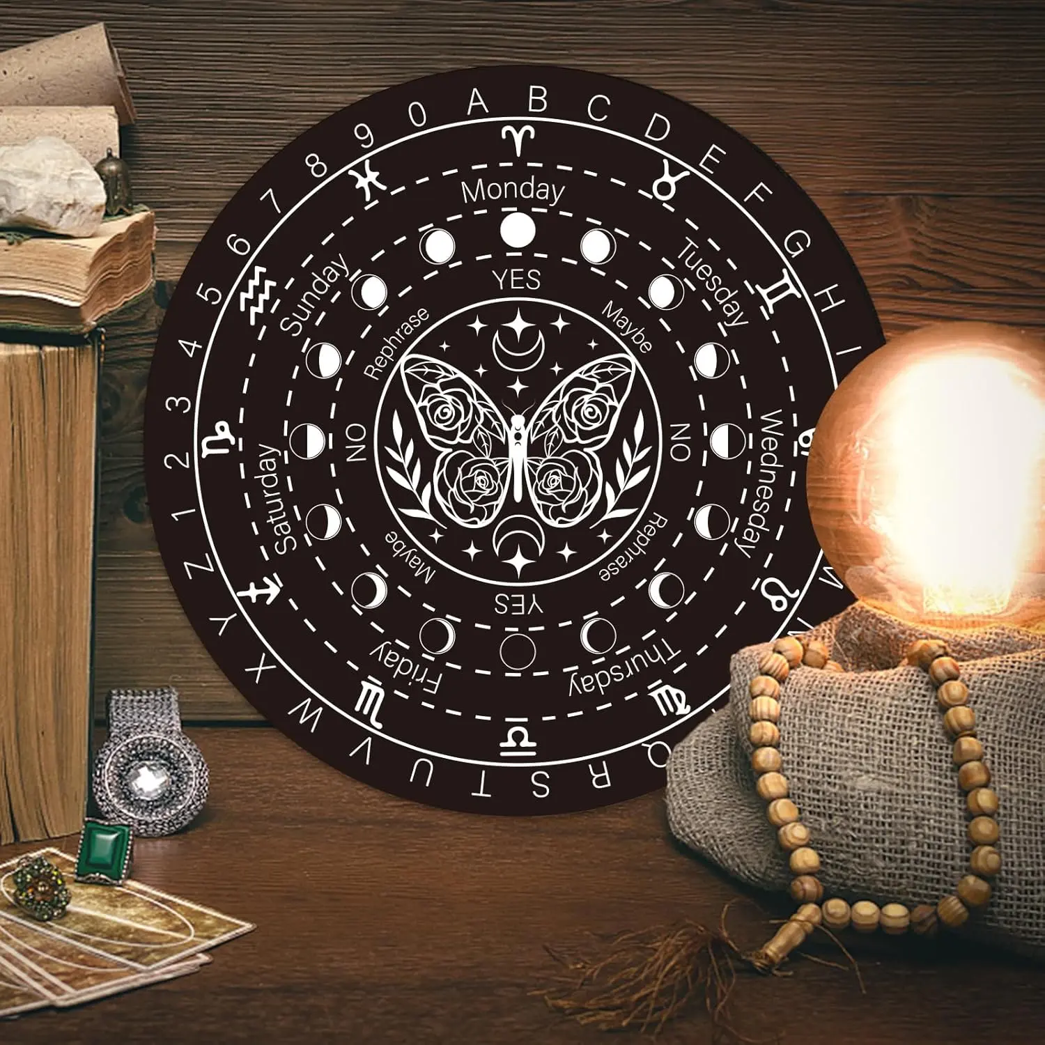 3-piece set of Natural wooden intuitive divination board, with cone-shaped crystal pendulum pendant, crystal pendulum necklace, spiritual decoration, Home decoration, used for meditation, ceremonial use and relaxation