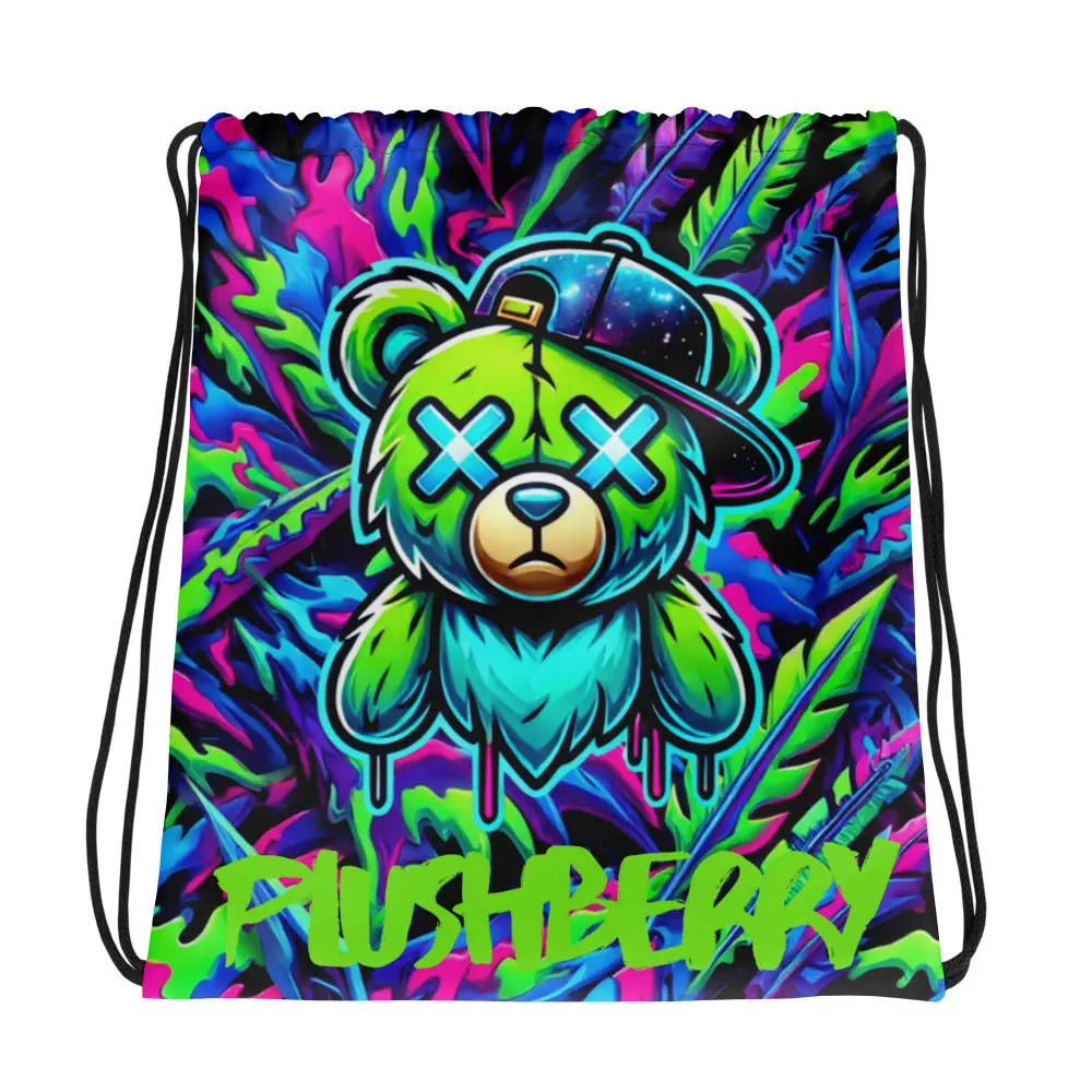 Plushberry Drawstring Bag - Green Bear Design with "PUSHBERRY" Text, Durable Handle, and Versatile Use