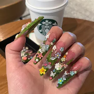 2.1" Monet’s Garden Miss Anna Nails Press On Nails Long Square 10 PCS Acrylic Art Nail  Girls Glue On Nails Polish Polish Cutics Delicate Design Handmade