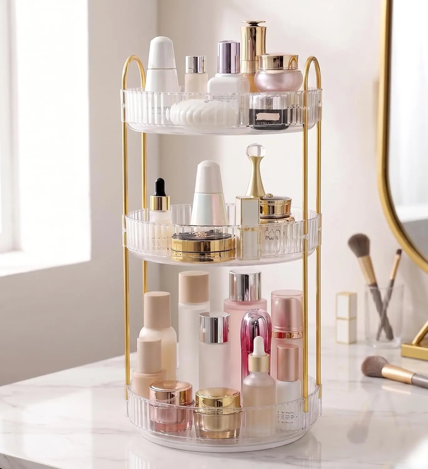 Vintage 2-Tier 360° Quick Access Acrylic & Metal Makeup Storage Organizer (9x9x12.5"), Waterproof, with Adjustable Collapsible Stackable Vanity Shelf, Washable Sections for Beauty Essentials & Perfume, Wardrobe/Home Vanity Gift for Girlfriend