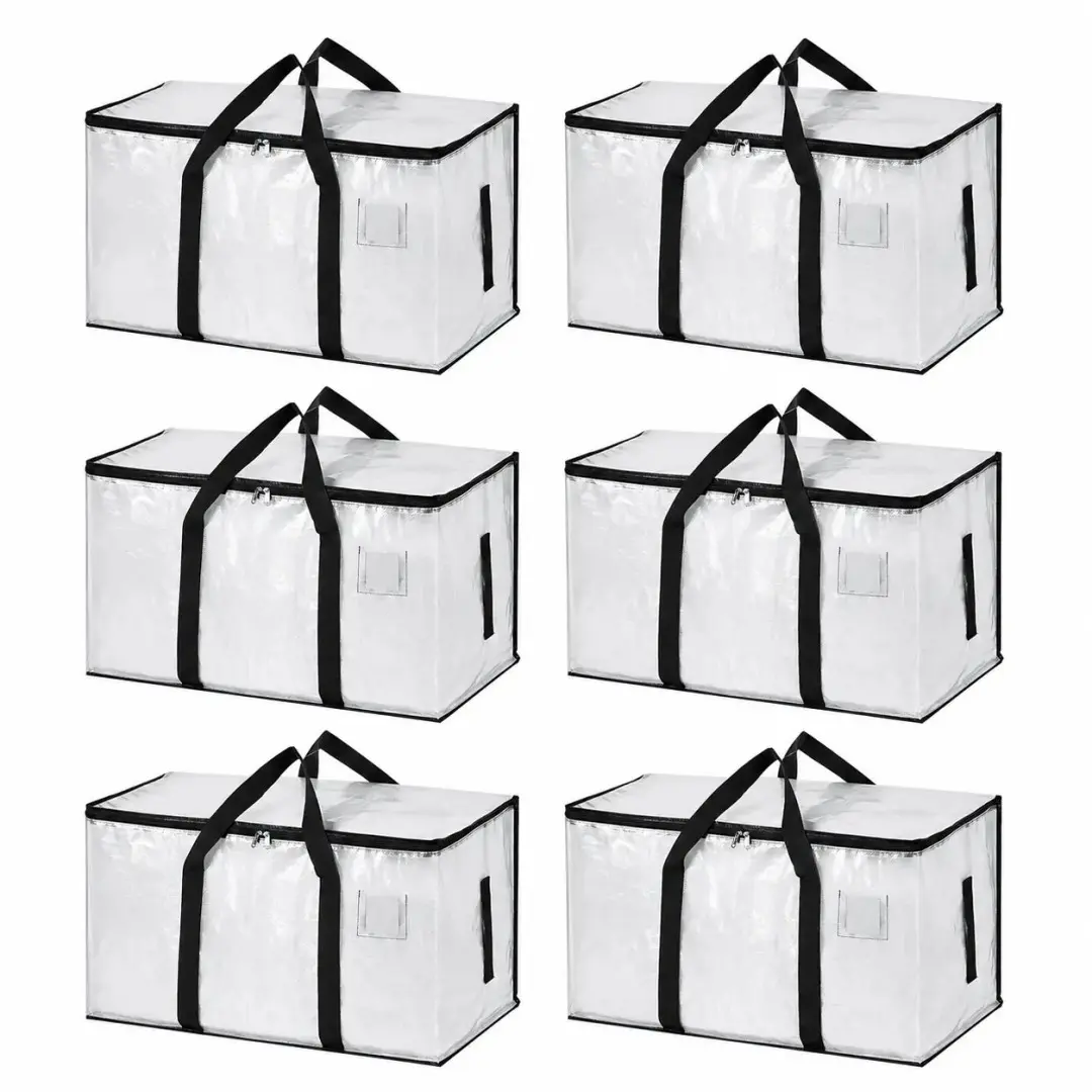 6 Pack Extra Large Minimalist Polypropylene White Heavy-Duty Moving Bags with Backpack Straps, Waterproof Foldable Luggage Totes with Handles & Zipper, Dustproof Organizer for House Moving & Blanket Bedding
