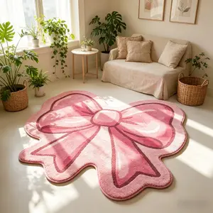 Pink bow special-shaped bathroom floor mat cute design living room decoration Decorative Fluffy Rug plush carpet home washable bedroom bedside carpet light luxury high-end cloakroom dressing table non-slip carpet ins style entrance carpet Fluffy Area Rug