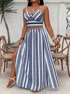 Plus Size Women's Two-Piece Set, Blue Geometric Print Short Top & High Slit Long Skirt, Casual Fashion, Boho, Bohemian, Womenswear