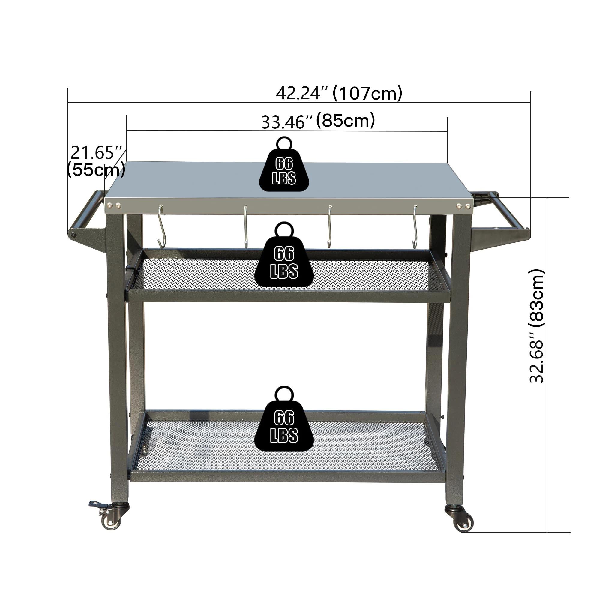 Moveable Outdoor Kitchen BBQ Worktable Trolley 42" W X 22" D 3 Storage Shelves Grill Cart Table Wheels Hooks for Food Parks