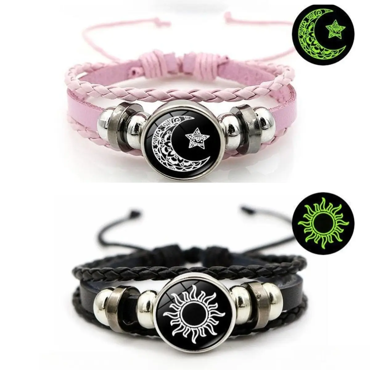 2025 Unisex Sun & Moon Lovers Leather Bangle - Vintage Punk Multi-Layer Beaded Chain Woven PU Jewelry, 6.69in Chain with Glass Charm, Unique Couple Gifts for Daily Wear, Adults' Fashion Accessory