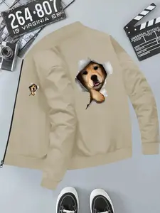 3D Effect Dog Pattern Print Stand Collar Jacket, Loose Fit Casual Long Sleeve Top, Spring & Fall Fashion, Slim-Fitting All-Season Wear
