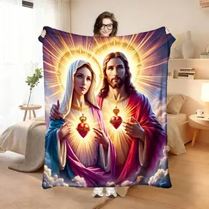 1pc Luxury Flannel Blanket With Jesus And Virgin Mary Sacred Heart Design – Soft, All-Season Comfort For Home, Office, Or Camping Machine Washable, Modern Religious Artwork