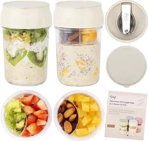 Soligt Overnight Oats Containers with Lids, Folding Spoons, and Divided Compartments for Fruit & Nuts, Small Glass 16oz Mason Jars for Oatmeal Yogurt Parfait Kitchen Utensils Portable Plastic Travel Meal Prep Containers #SummerVibes