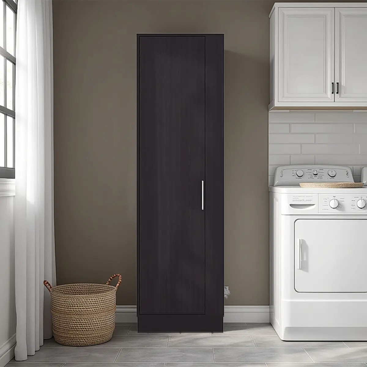 Fairfield High Capacity Wood Utility Storage Cabinet - 6-Tier Shelf, Broom Hangers, Assembly Required, Black Wengue, 72.3" H x 21.1" W x 14.7" D, CPSIA Compliant, Space-Saving, 97.36 lbs, Durable Construction: MDP Particle Board, Engineered Wood