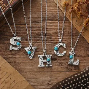 Western Barbed Wire Initial Long Necklace with Turquoise – A-Z Personalized Letter Pendant, Layered Long Chain Jewelry for Women&Men, Cowgirl Style Necklace Gift