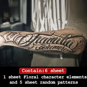 6 Large Herbal Tattoo Stickers, Including Three Mexican Style Calligraphy, Devil and Other Elements, and 2 Random Designs Lasting 7-15 Days, Waterproof and Anti-Friction, Realistic Effect, Suitable for People Who Don't Want Tattoo Pain