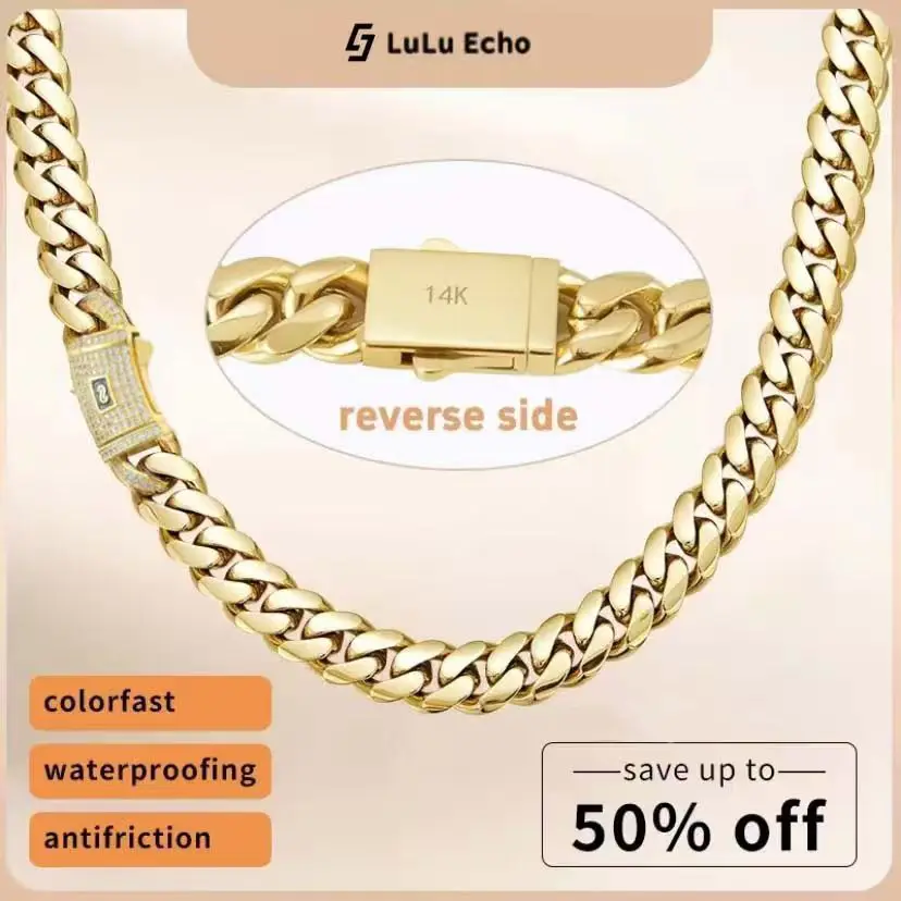 LuLuEcho MensWomen Light Golden(14) Cuban Link Necklace Stainless Steel Miami Thick Necklace Hip Hop Jewelry 68101214MM