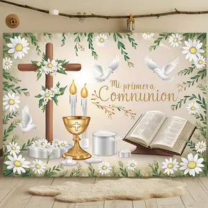2D Flat Banner 1pc, First Communion Background, white background with cross, candles, and pigeon design, suitable for home/church celebration decor Photo Studio Props, Wall Hanging Backdrop, Party Decorations, Party Decorations Banners