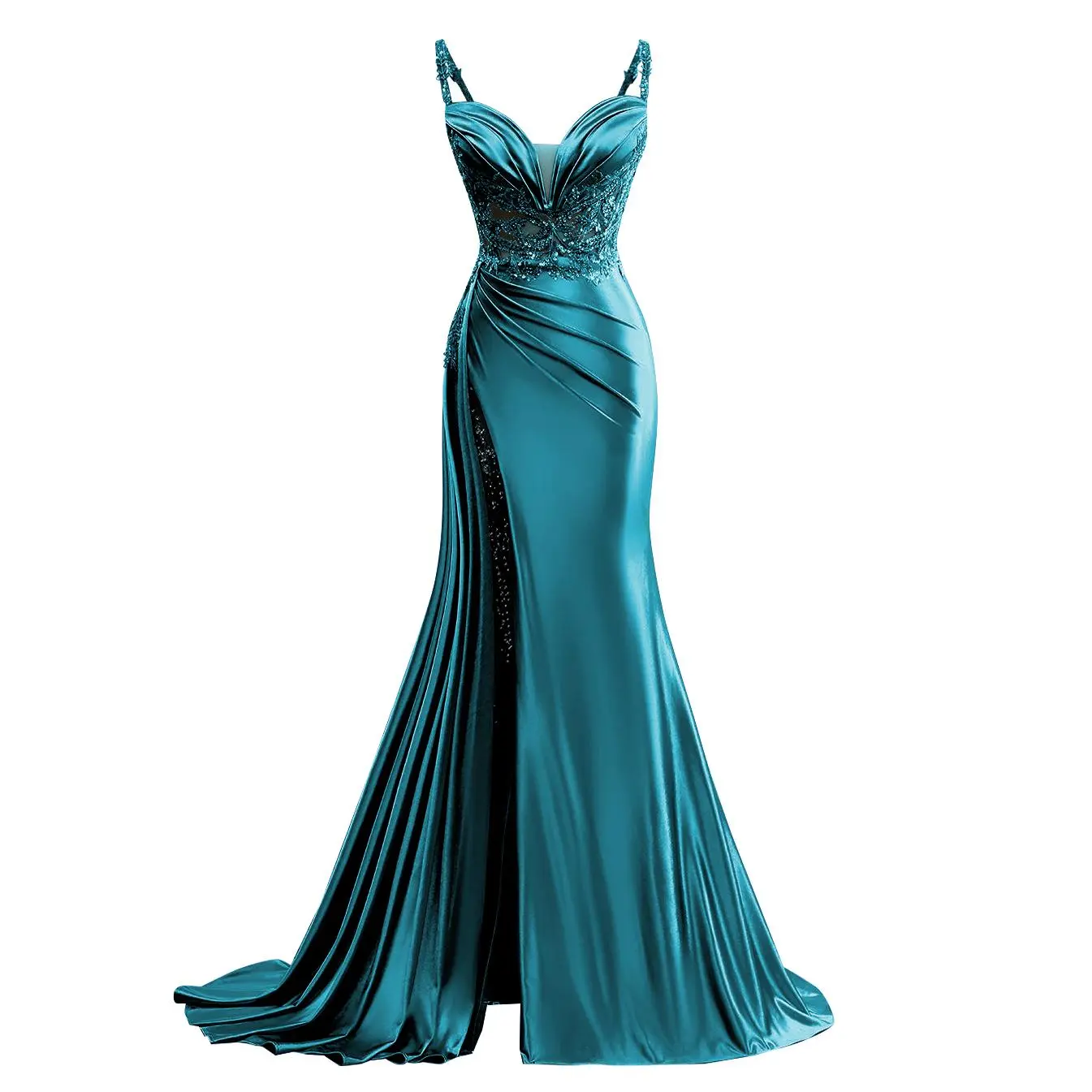 Women's V Neck Satin Prom Dresses Long Sparkly Lace Evening Gown with Slit Pleated Mermaid Formal Dress with Train, Satin with Sequin Appliques, Spaghetti Straps,Lace up Back, Ladies Clothes for All Seasons
