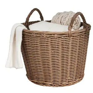 Fahuac Round Cone Woven Storage Basket with Handles, 16x16x10.5in Resin Wicker Home Decor Organiser, Chocolate Brown Laundry Storage Basket for Home Organization
