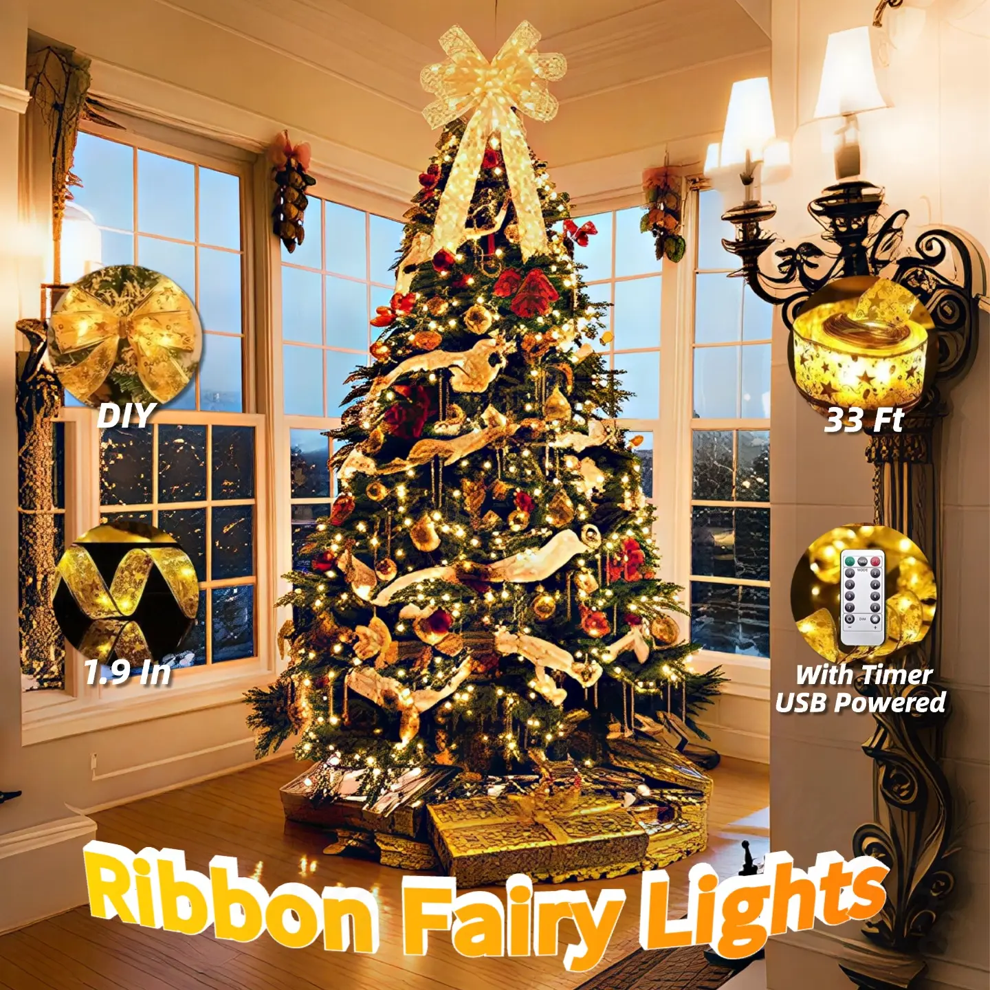 100 Led Christmas Tree Ribbon Lights with 8 Lighting Modes, Christmas Decorations 2 Inch x 33 Ft Led Ribbon Lights, Christmas Ribbon Bows Warm Lights, USB Powered Fairy String Lights with Timer for Xmas Tree Decor, Home Decoration