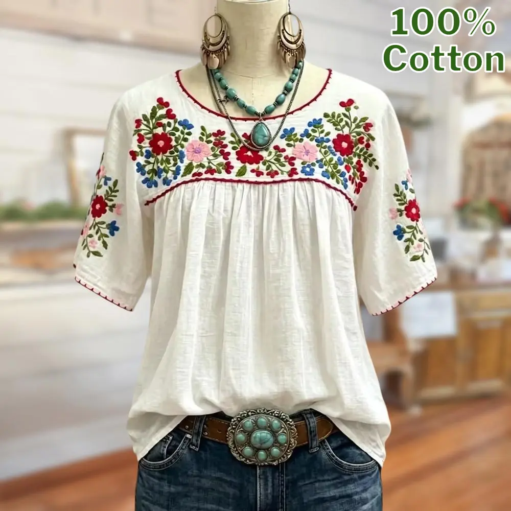 Sage Vell 100% Cotton White/Blue Colorful Floral Embroidery Blouse Round Neck Half Sleeve Gathered Bust Loose Fit Casual Top