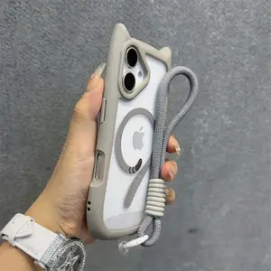 3D Cute Cat Ear Magsafe Case for iPhone 17 Pro 13 14 15 16 Plus 11 12 Pro Max Transparent PC Armor Cover with Wrist Strap Chain