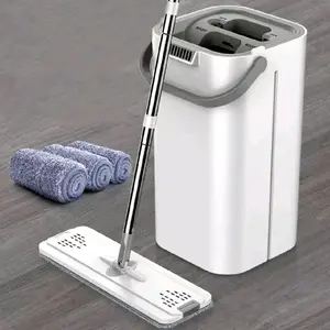 Flat Mop Set with Bucket and 6 Cloths - Multi-Surface Cleaner for Bedrooms, Kitchens, Dust Removal and Floor Mopping