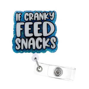 If Cranky Feed Snacks Badge Reel, Funny Retractable Acrylic Badge Reel, Nurse Gift, Medical Badge Reel, Night Shift, Funny Badge Reel, Glitter id holder, Office Supplies