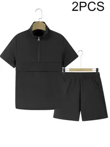 Boys' Fashion Plain Set, 2-Piece Stand Collar Half-Zip Short Sleeve + Casual Shorts, Comfortable Summer Clothing Set, Outfit