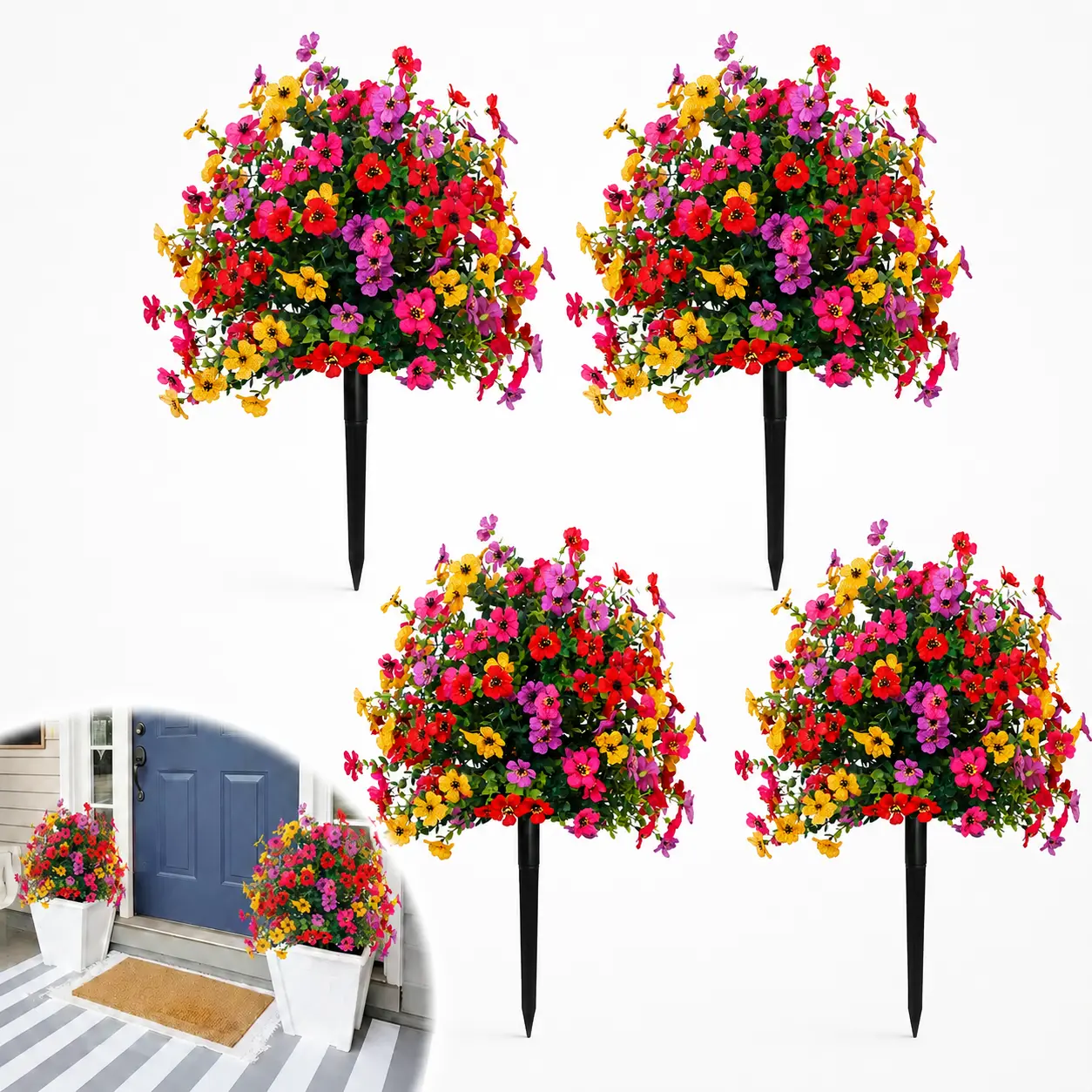 4-Pack Artificial Flowers with Stake for Outdoor Decor, UV Resistant Weatherproof Faux Flower Bouquet, Realistic Colorful Fake Flower Bushes for Garden, Planter Pots, Front Door, Porch, Patio, Yard Landscaping & Home Decoration