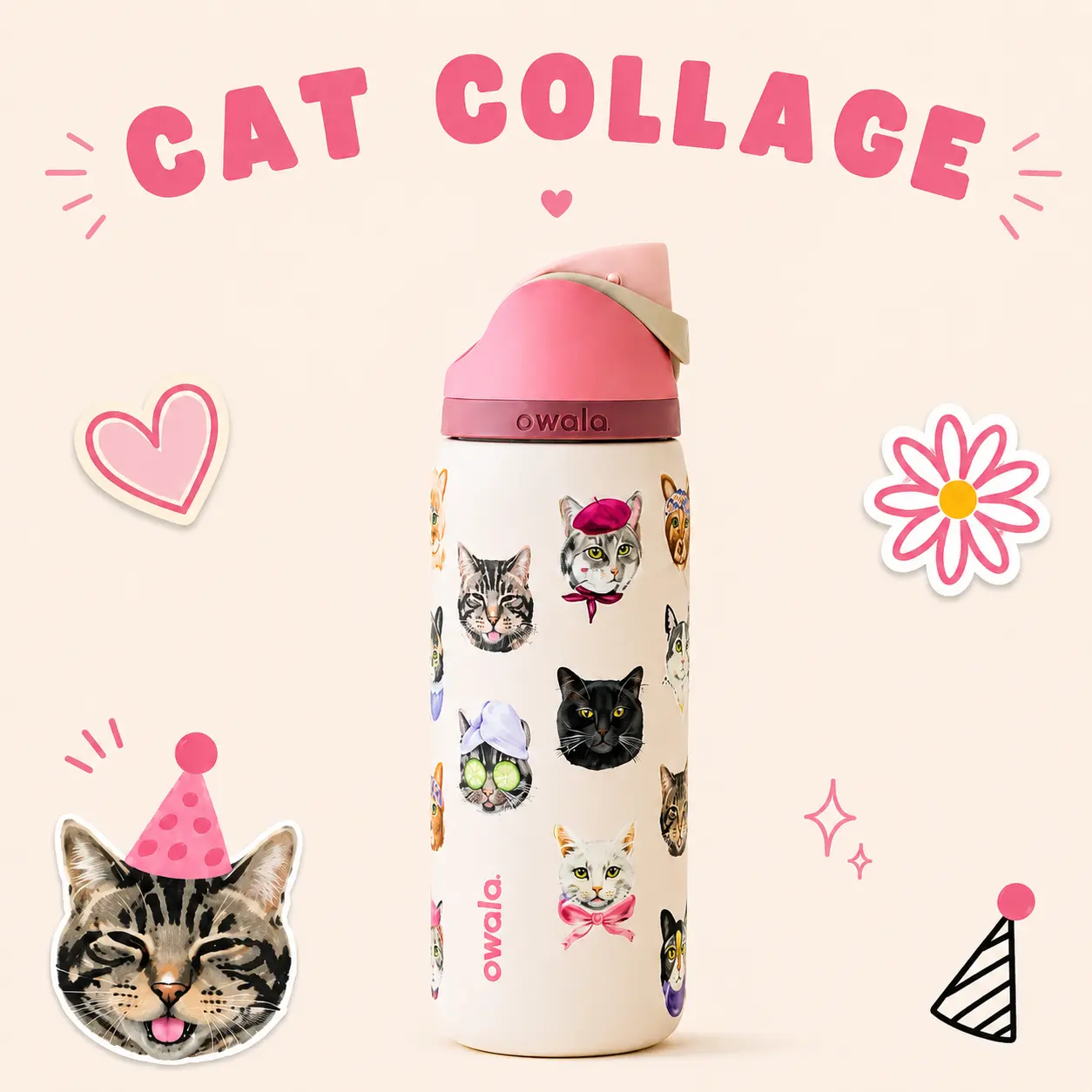 Owala UO Exclusive Pink Cat Collage FreeSip 32 oz Insulated Stainless Steel Water Bottle – Limited Edition Leakproof