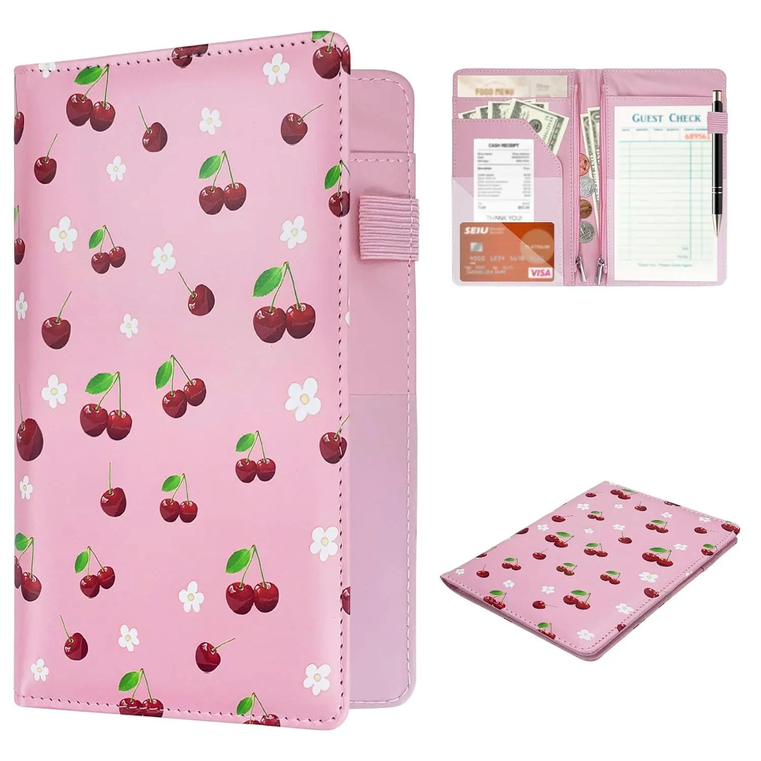 Professional Waitress Book with 2 Zipper Pockets & Pen Loop - Leather Server Check Holder Organizer for , Receipts & Tickets | Restaurant Bill Booklet ( Cherry)