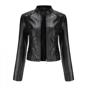 Women's Rivet Leather Jacket Spring & Autumn Long Sleeve Stand Collar Fitted Basic Black Minimalist Outerwear S-4XL Fashion Coat for Casual Wear - Womenswear