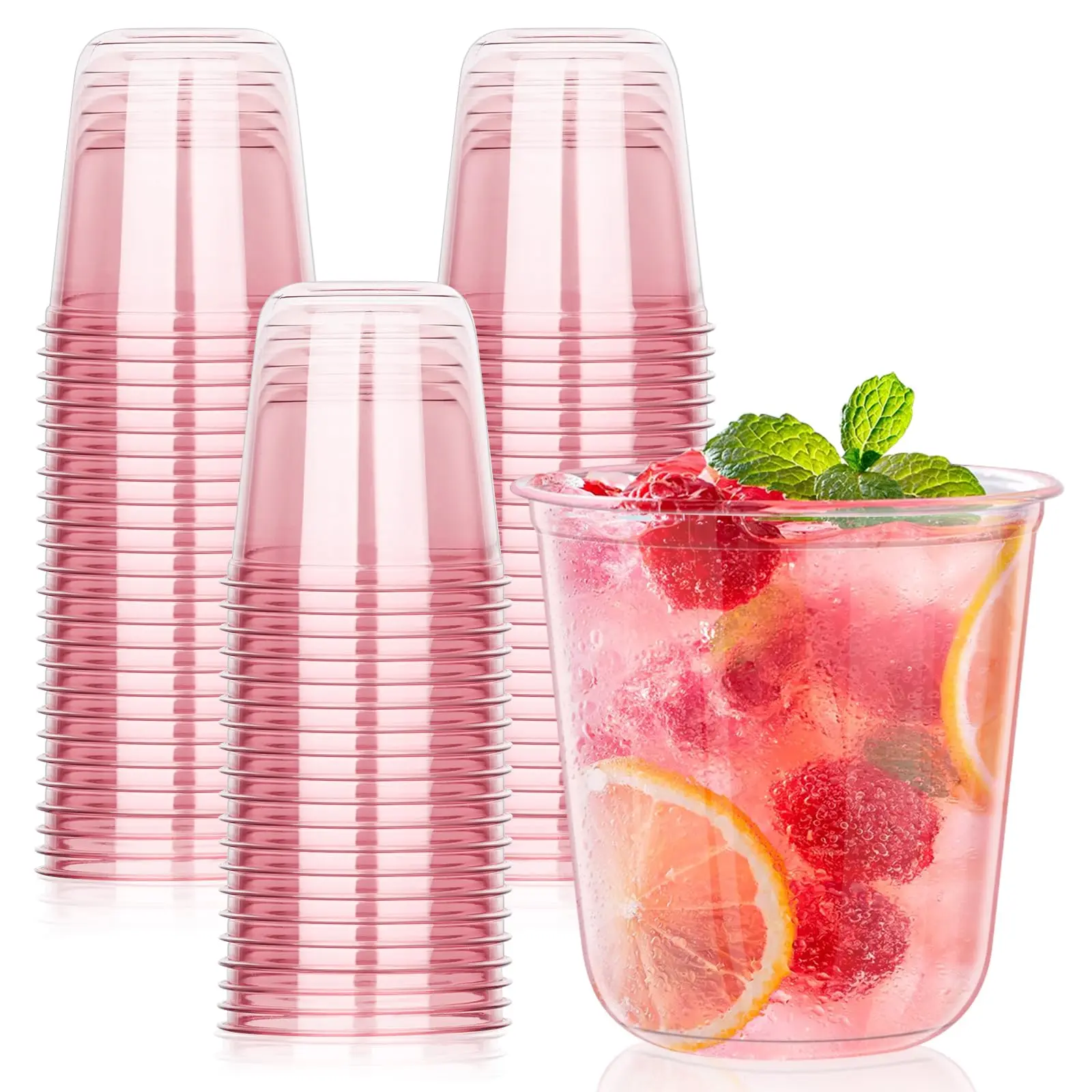 【NO LIDS】KesaPlan 50/100 Pcs Pink Plastic Cups, 12oz Disposable Stemless Wine Glasses for Cocktail Cute Clear Cocktail Wine Glasses Pink Party Cups for Meeting Wedding Christmas Holiday Party
