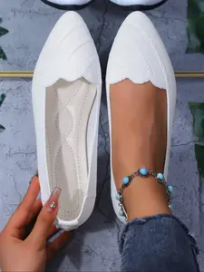 Women's Pointed Toe Knit Flat Shoes, Footwear, Walking Shoes, Simple Pure Color, Wave Edge, Breathable Mesh, Slip-On Comfort, Daily Commute, Casual Wear, Summer Casual Shoes