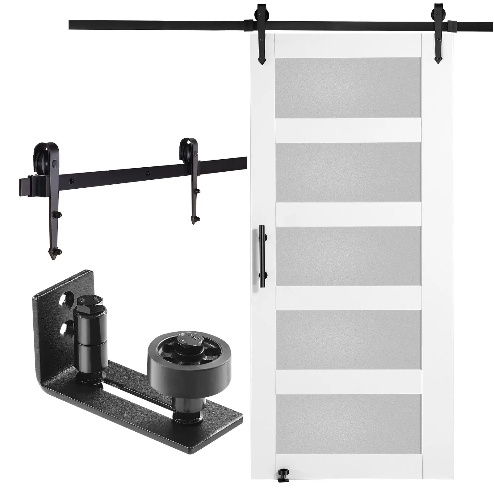 Sliding Barn Door Kit With Hardware, 42 x 84-Inch Wood and Glass Barn Door, Quiet Smooth Operation, 8-In-1 Floor Guide, Door Handle, Spruce Wood Slab and Frosted Glass Panel For Interior Doors