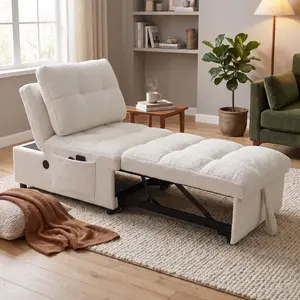 3 in 1 Convertible Sleeper Chair, Pull Out Sofa Bed with Adjustable Backrest & USB Charging Port, Side Storage Pocket, Modern Teddy Fabric Chaise Lounge Recliner Chair for Bedroom Living Room Small Space Apartments (White)