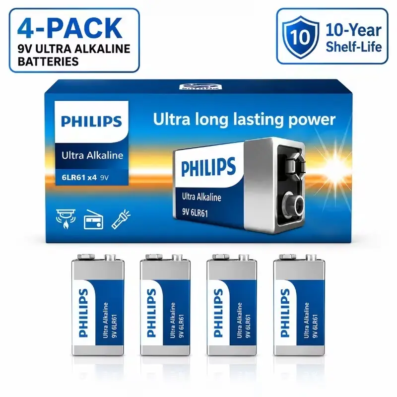 Philips Ultra Alkaline 9V Batteries 4-Pack 6LR61 Ultra Long Lasting Power 10-Year Shelf Life
