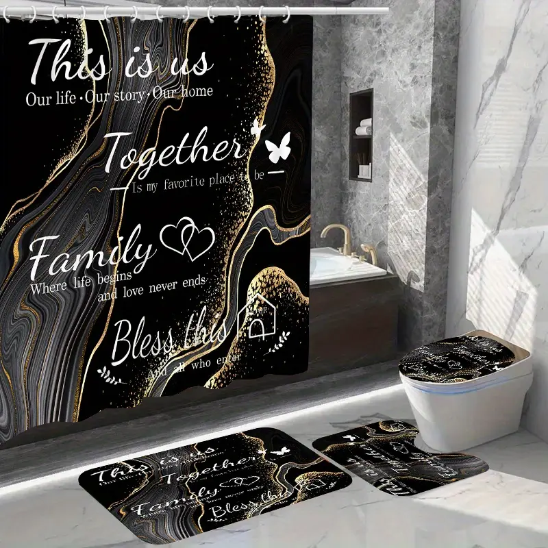 Print Fabric Animals Bathroom Shower Curtain Set - 1 Shower Curtain, 3 Mats, 12 Hooks, Non-Slip Toilet Seat Cover, Washable Polyester Bathroom Accessory