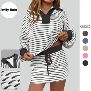 Imily Bela Womens Striped 2 Piece Outfits Casual Sweatshirt Skirt Set Long Sleeve Skort Workout Set Matching Lounge Sets