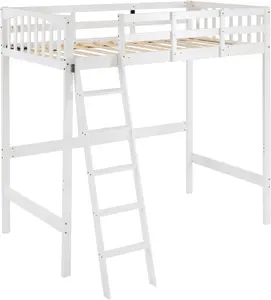 Full Loft Bed with USB Charging Station/LED, Solid Wood Double Loft Bunk Bed with Flat Rungs for Kids/Teens/Adults, 15 inches High Guardrail,Wood Slat Support No Box Spring Needed, White