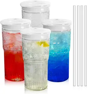 4 Packs 22 oz Glass  with Lids and Straws, Glass Coffee Tumbler, Tumbler Water Glass, Water Bottle, Thick Wall Glass Coffee Mug Iced Tea  (Clear (4Pcs 18oz)) Drinkware Ribbed cute cups