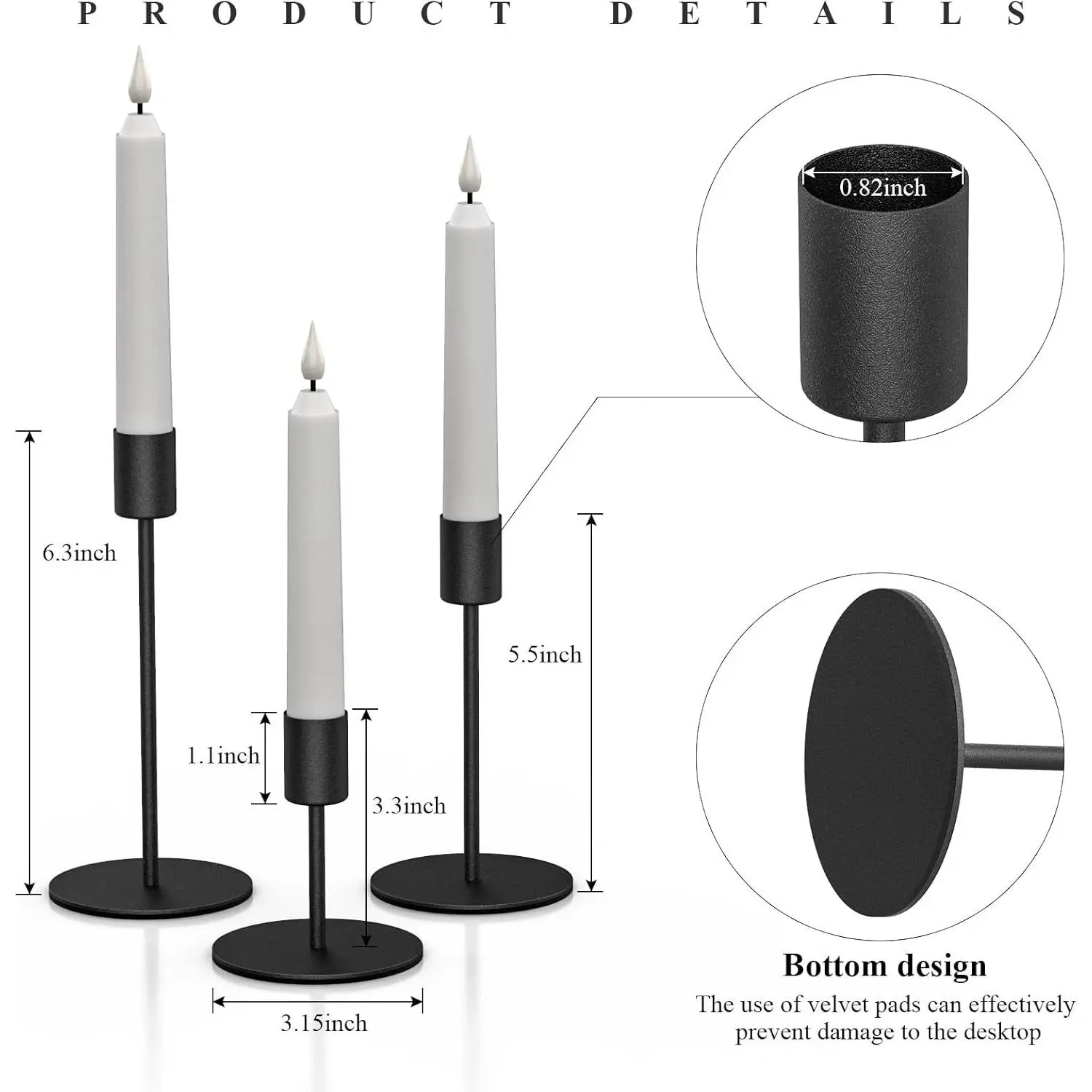 Official Product Halloween Short Black Candlestick Holders Taper Candle Holders Set of 3 Candlestick Holder Ideal for Table Centerpiece Dinner Party Wedding