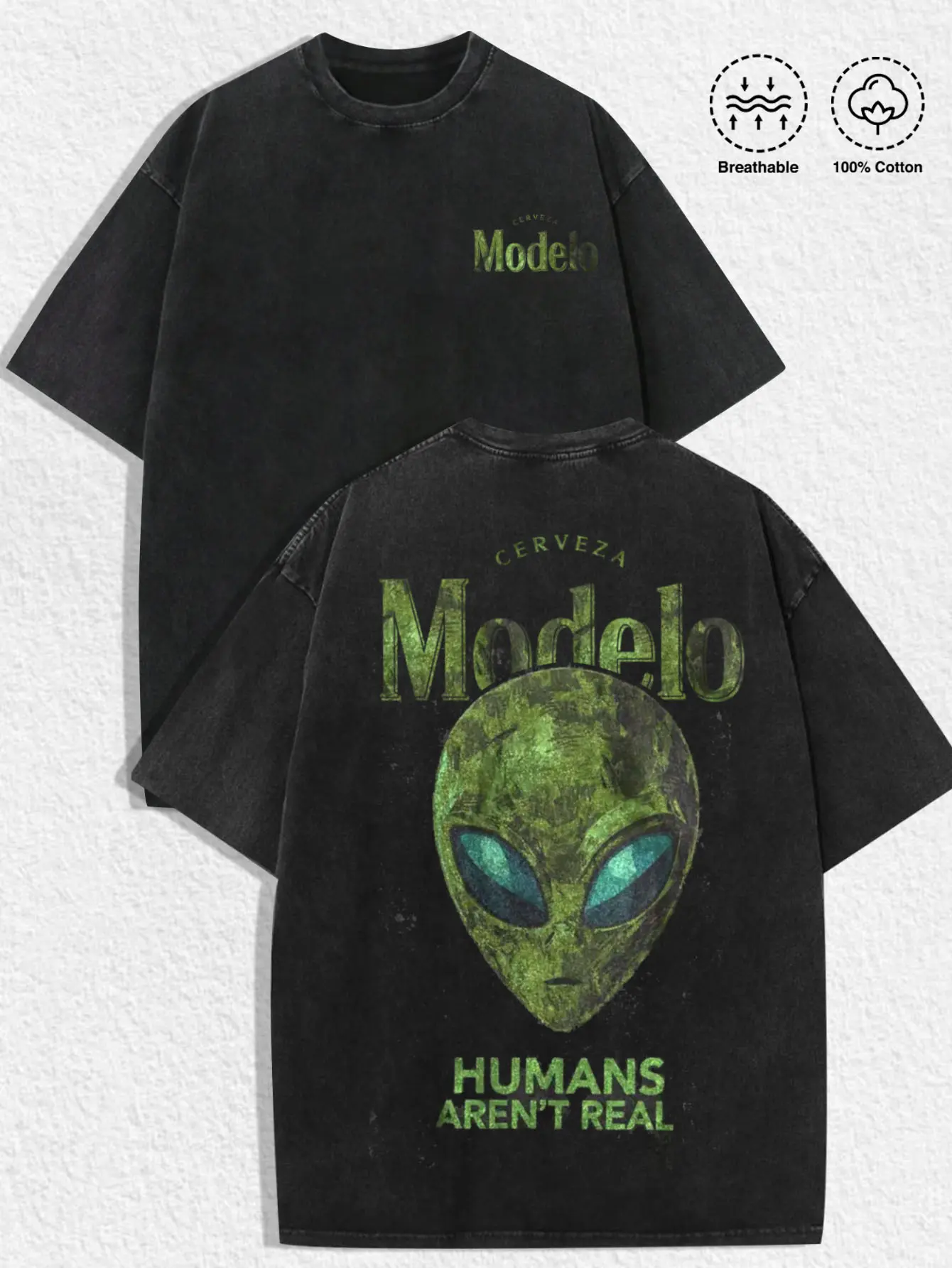 1 PCS Retro Washed Black Short Sleeve T-Shirt, Front Mini "Modelo" Print + Back Alien Head "Humans Aren't Real" Graphic, Sci-Fi Streetwear Style, 100% Cotton Unisex Oversized Tee, Casual Hangouts, Great Gift for Sci-Fi Fans