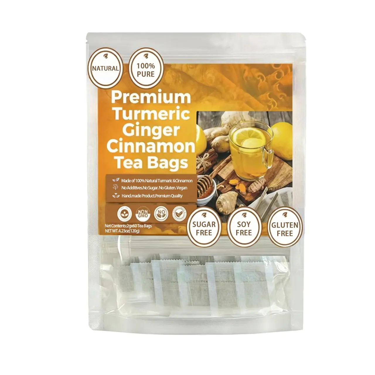 Turmeric Ginger Cinnamon Tea, 60-Bag Value Pack with Ginger, Cinnamon - 100% Natural Pure Powdered