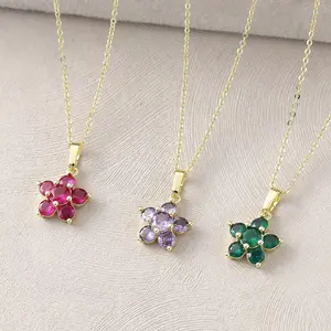 springtok Zircon Necklace Green/Purple/Red Zircon Flower Necklace Women's Daily Wear Gift