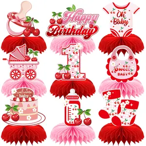 9Pcs Cherry Birthday 3D Honeycomb Centerpieces Table Decor for First ONE, Birthday Party Decorations One Year Old 1st Theme Party Baby Shower Birthday Party Decorations Supplies