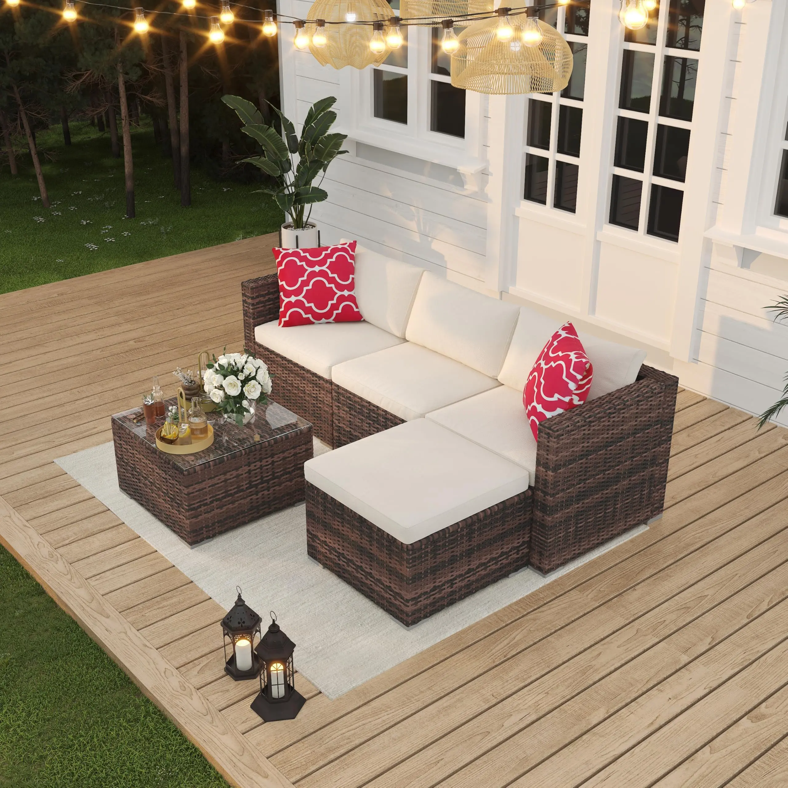 5-Piece All-Weather PE Rattan Wicker Patio Sectional Set, L-Shaped Wicker Sectional with Thick Cushions, Ottoman, Glass Coffee Table, Relax In Style, Modular Outdoor Conversation Sofa for Garden, Porch, Balcony Backyard