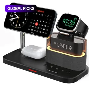 5-in-1 Wireless Charger with Clock, Magnetic Wireless Charger Stand for iPhone, Apple Watch, Airpods, Smart Watch Accessories, Magsafe Charger Set, Black Charging Station, for Smartphone, Magnetic Charging Design, Charging Dock